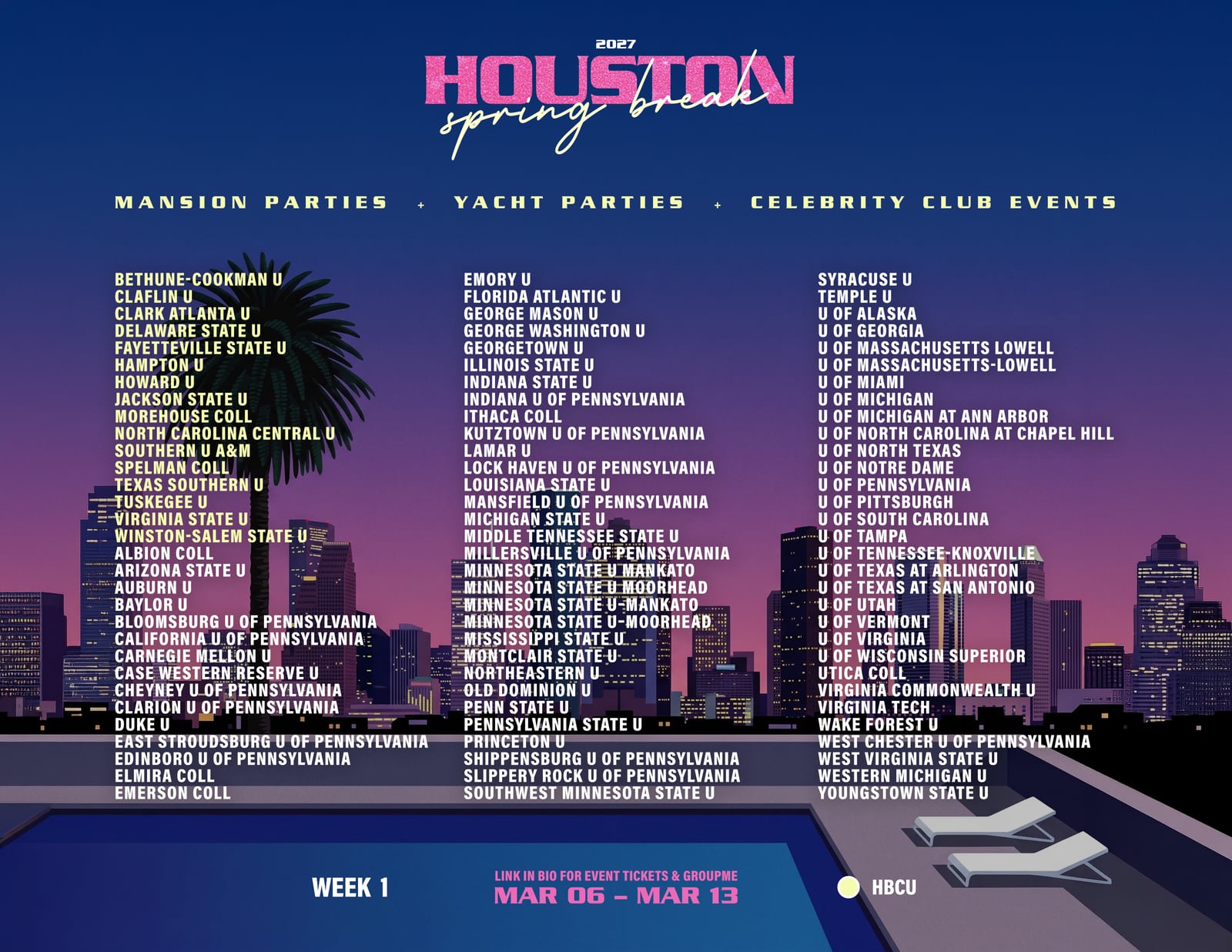 Houston Spring Break 2027 Week 1 school list flyer
