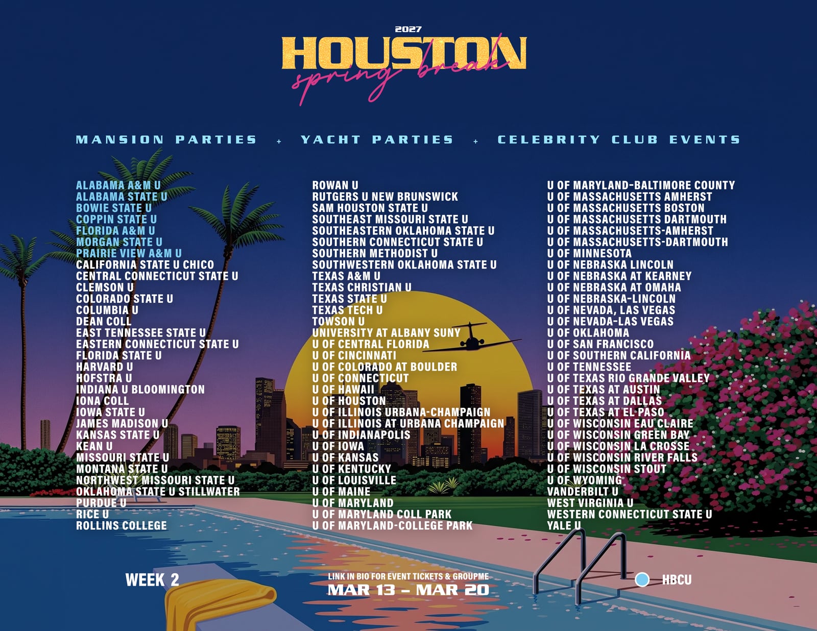 Houston Spring Break 2027 Week 2 school list flyer