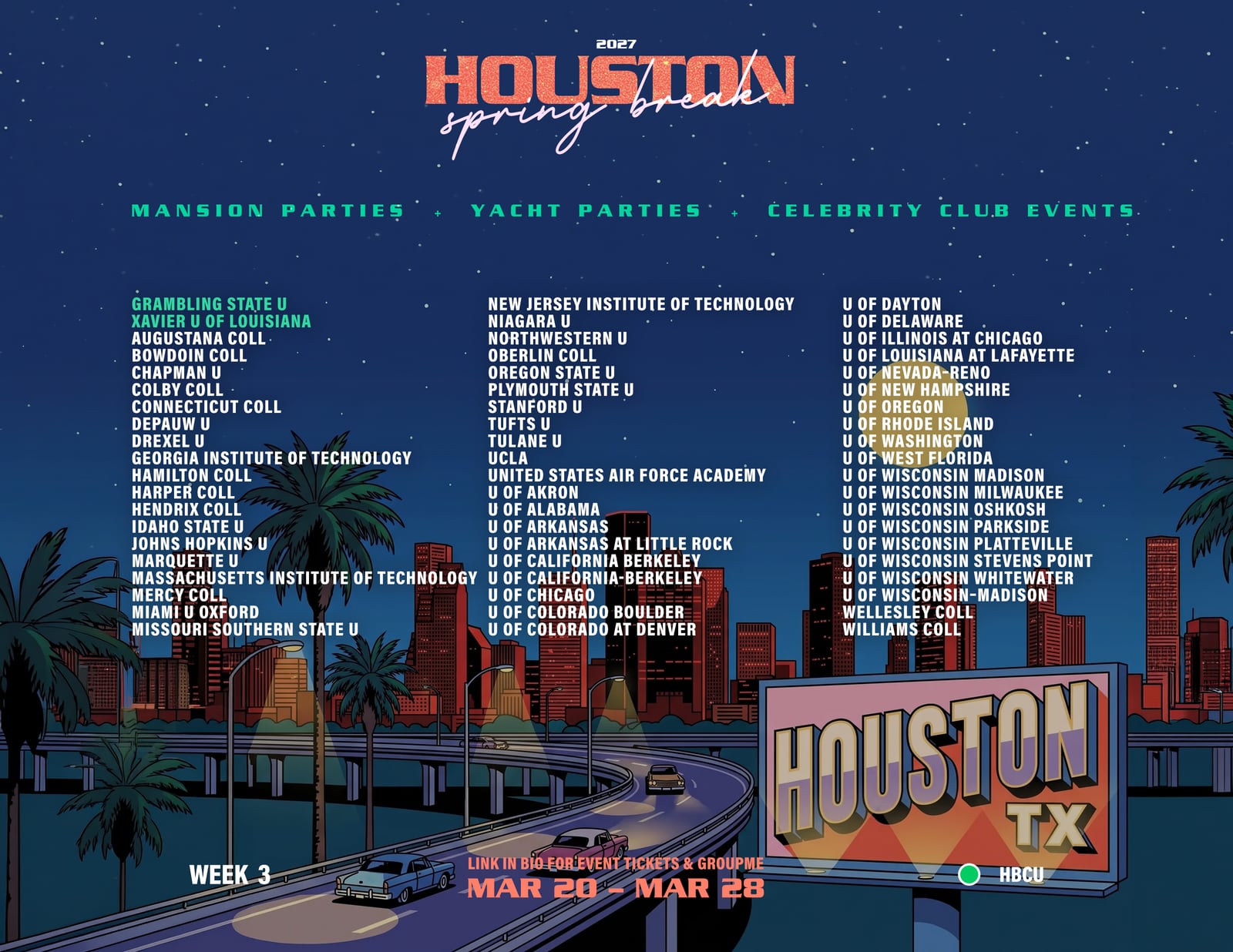 Houston Spring Break 2027 Week 3 school list flyer